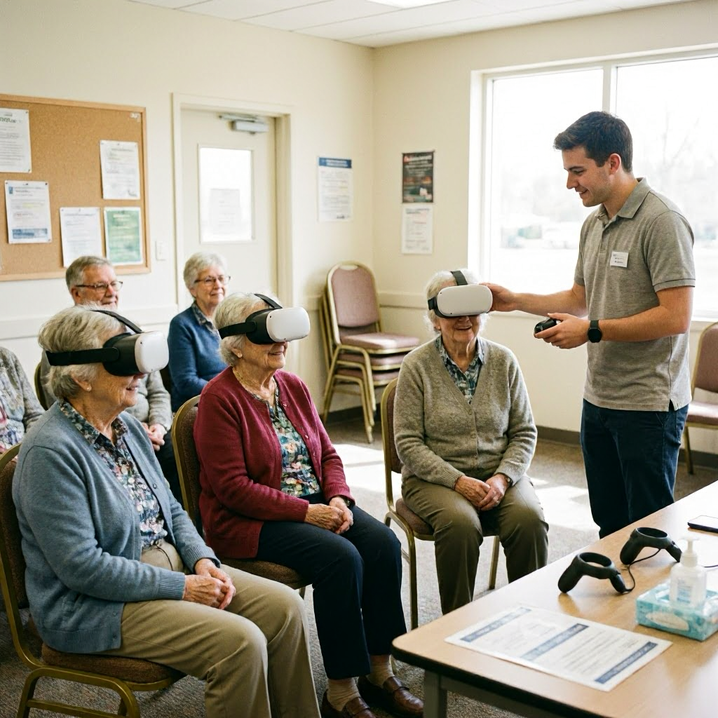 Multiple residents trying VR with a facilitator holding a controller