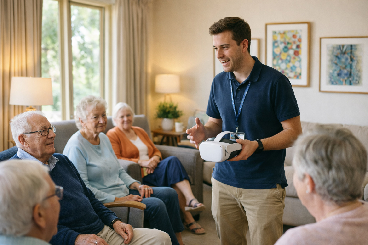 Residents smiling during a guided VR session in a bright common room, with a facilitator nearby
